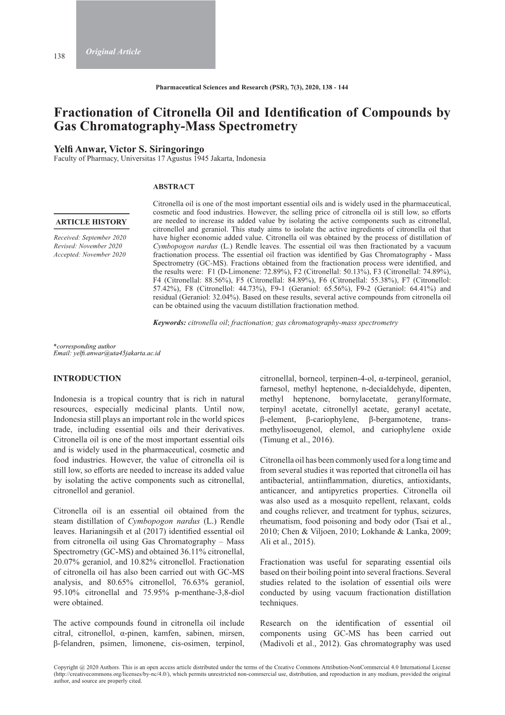 Fractionation of Citronella Oil and Identification of Compounds by Gas Chromatography-Mass Spectrometry