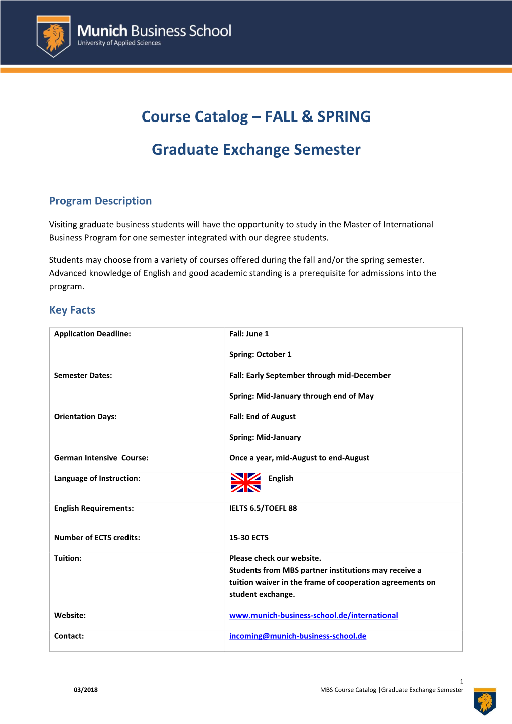 Course Catalog – FALL & SPRING Graduate Exchange Semester