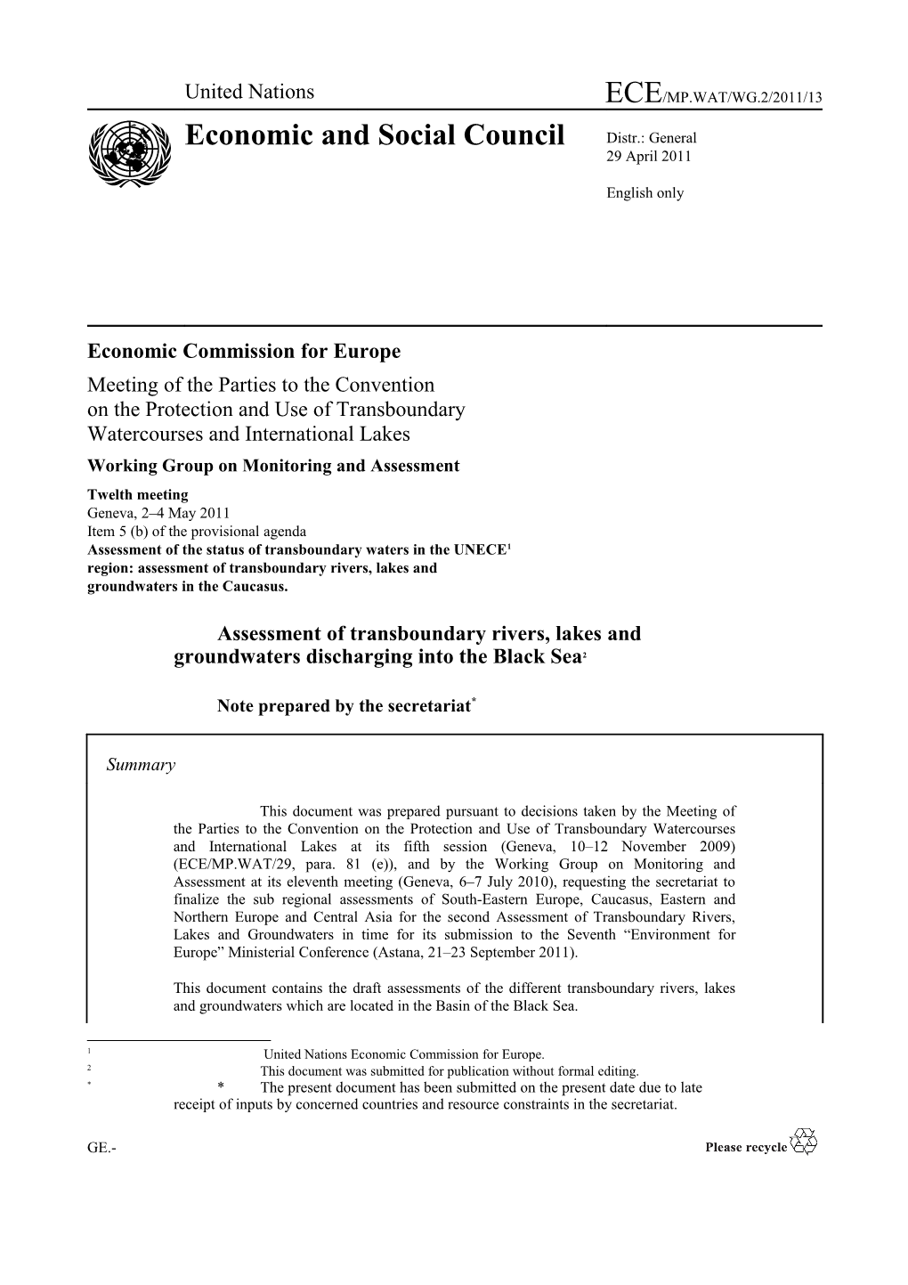 Region: Assessment of Transboundary Rivers, Lakes And