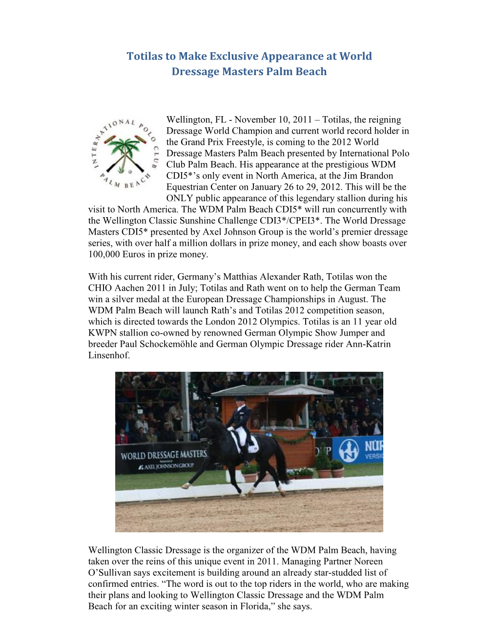 Totilas to Make Exclusive Appearance at World Dressage Masters Palm Beach