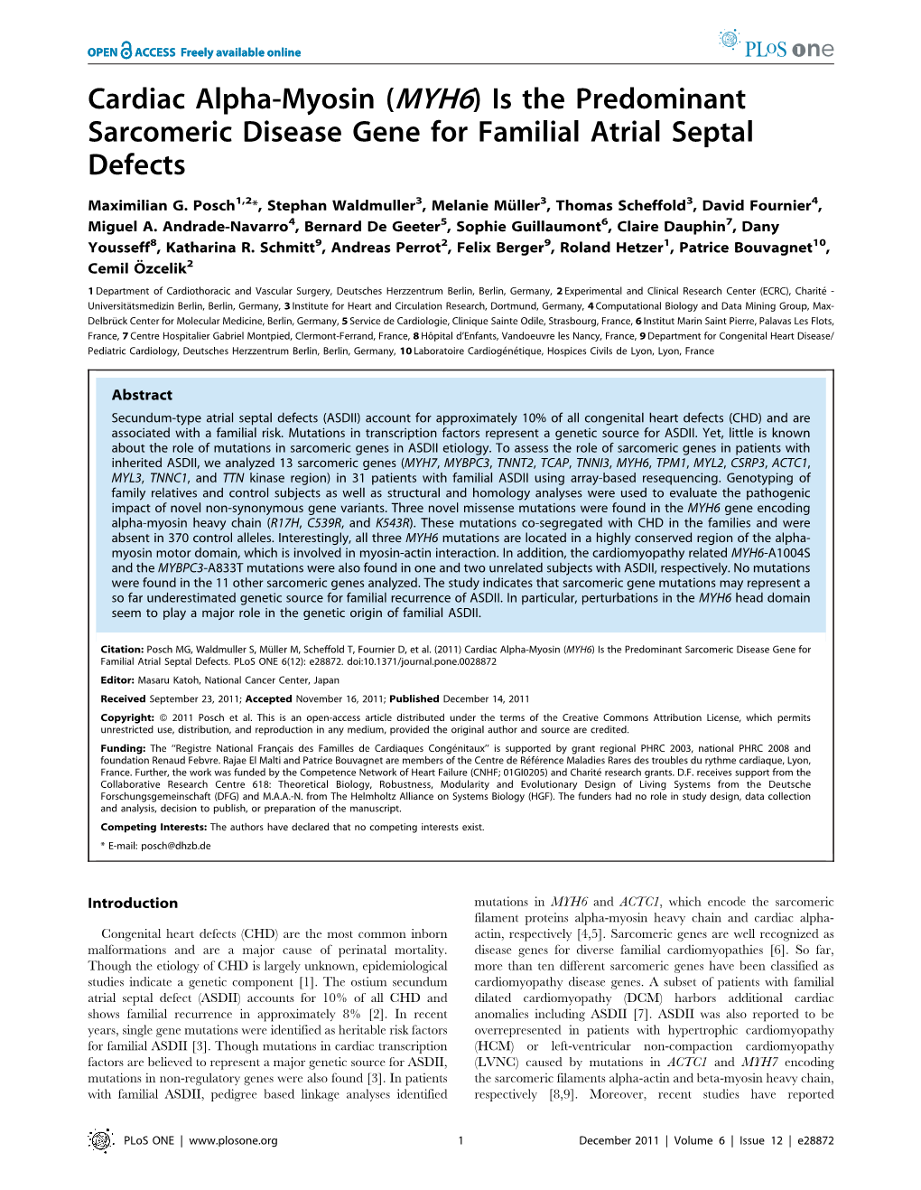 Cardiac Alpha-Myosin (MYH6) Is the Predominant Sarcomeric Disease Gene for Familial Atrial Septal Defects