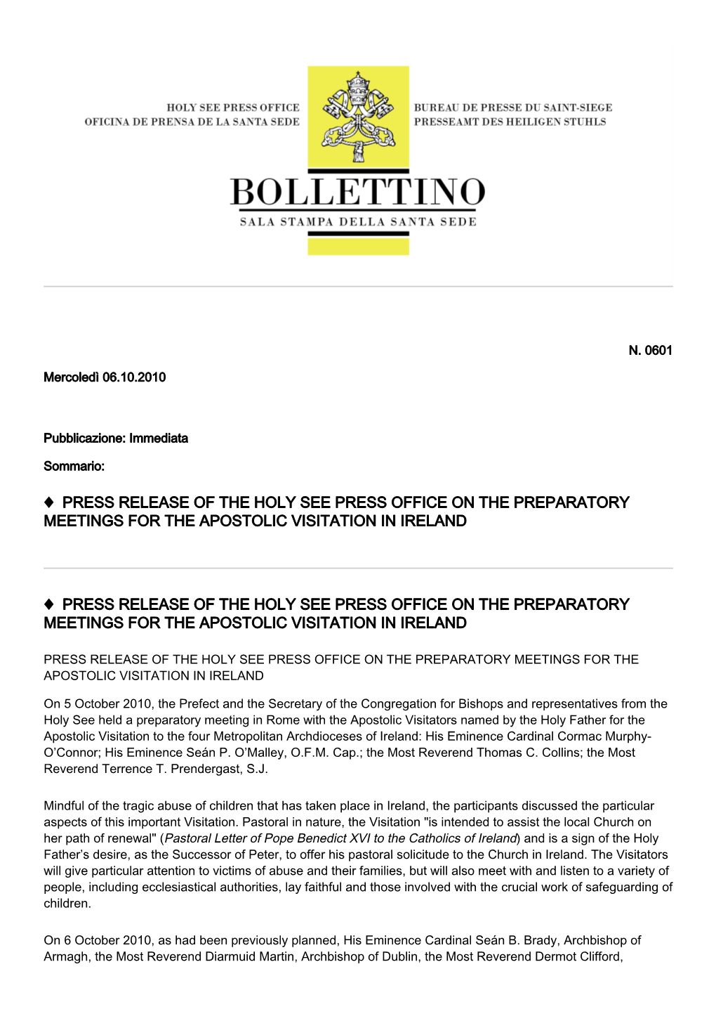 Press Release of the Holy See Press Office on the Preparatory Meetings for the Apostolic Visitation in Ireland