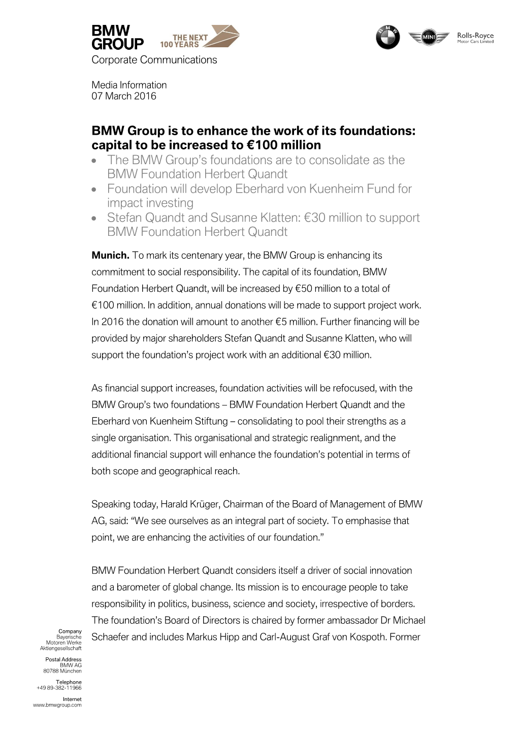 BMW Group Is to Enhance the Work of Its Foundations