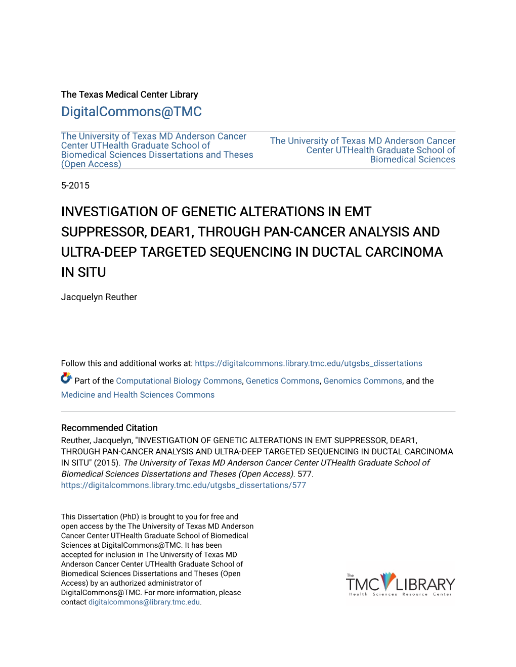 Investigation of Genetic Alterations in Emt Suppressor, Dear1, Through Pan-Cancer Analysis and Ultra-Deep Targeted Sequencing in Ductal Carcinoma in Situ