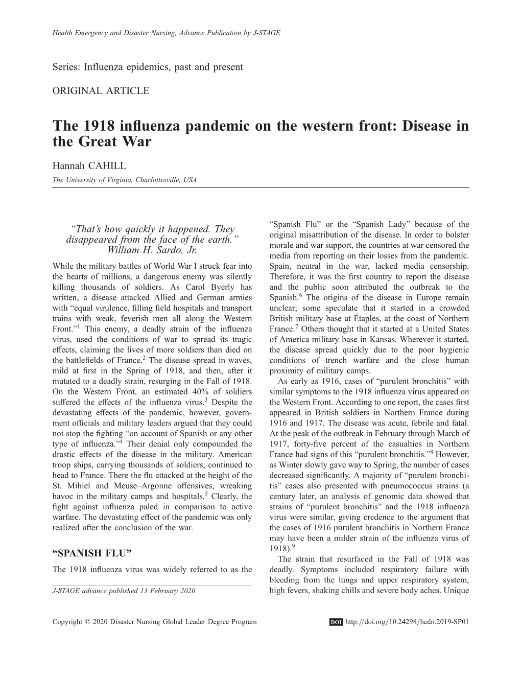 The 1918 Influenza Pandemic on the Western Front: Disease in the Great