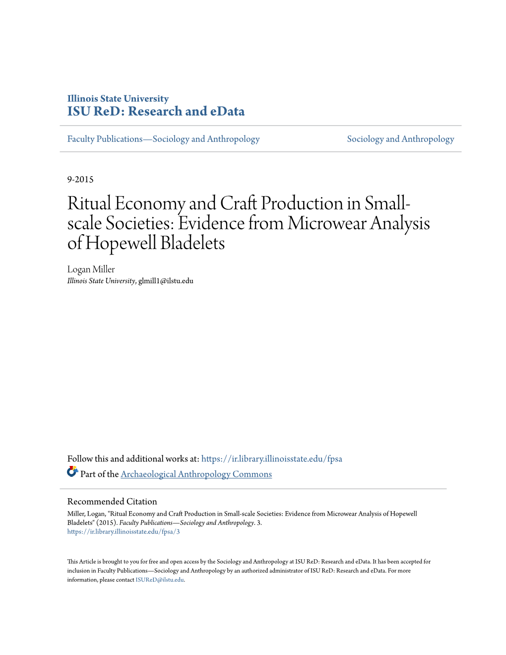 Ritual Economy and Craft Production in Small-Scale Societies: Evidence from Microwear Analysis of Hopewell Bladelets