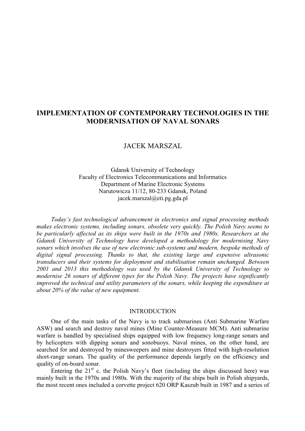 Implementation of Contemporary Technologies in the Modernisation of Naval Sonars