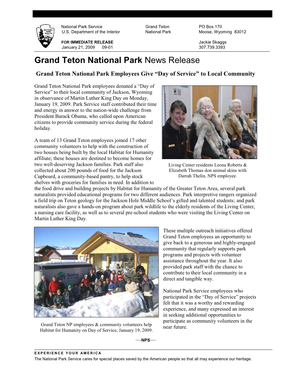 Grand Teton National Park News Release