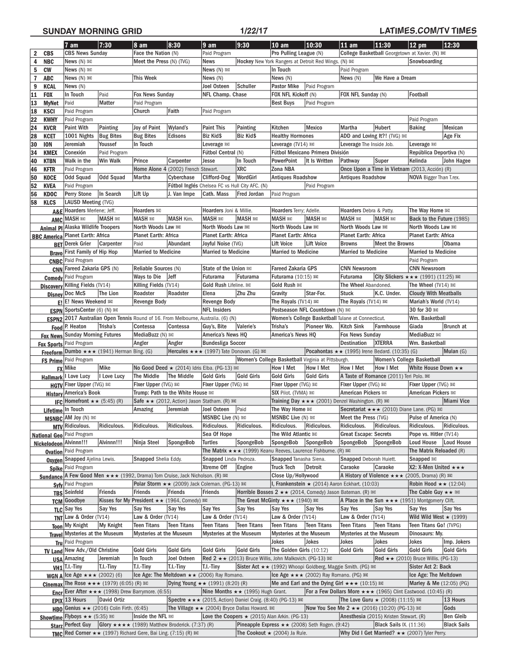 Sunday Morning Grid 1/22/17 Latimes.Com/Tv Times