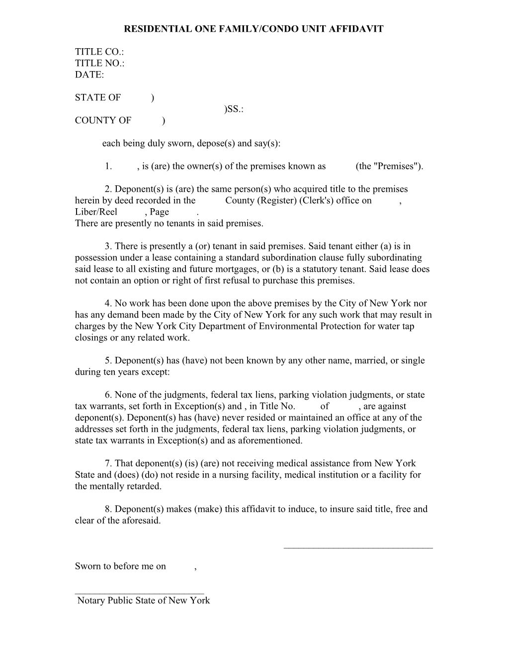 Residential One Family/Condo Unit Affidavit