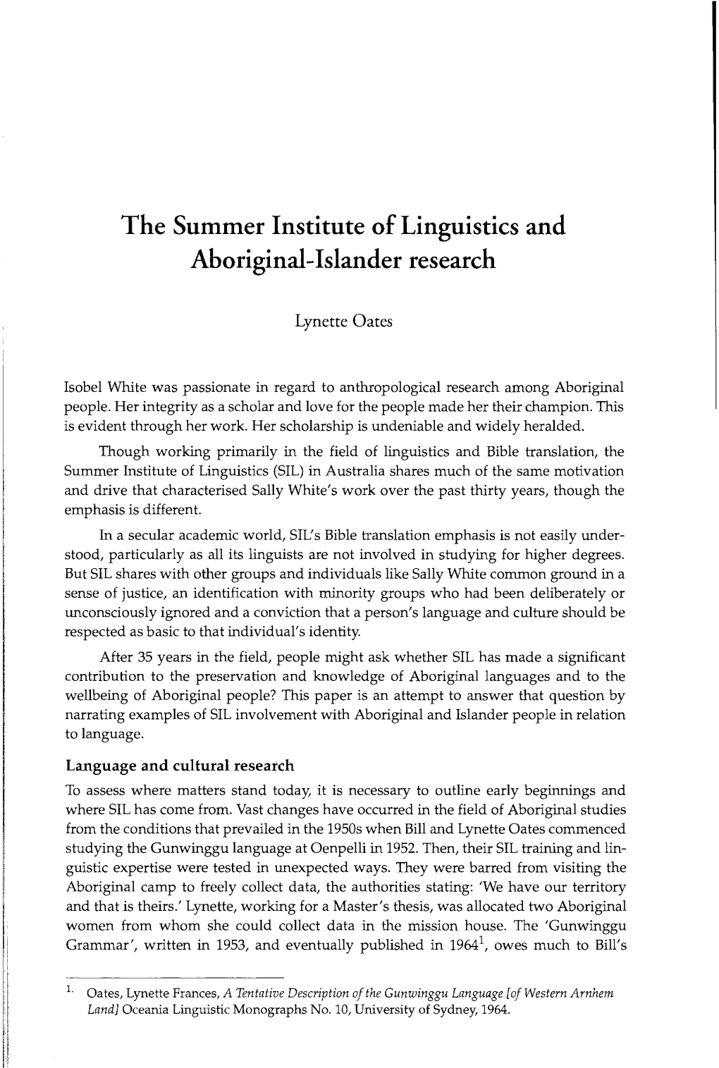 The Summer Institute of Linguistics and Aboriginal-Islander Research