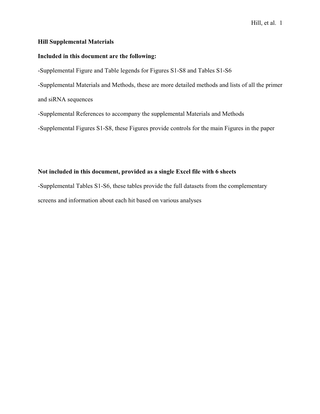 Hill, Et Al. 1 Hill Supplemental Materials Included in This Document Are the Following: -Supplemental Figure and Table Legends