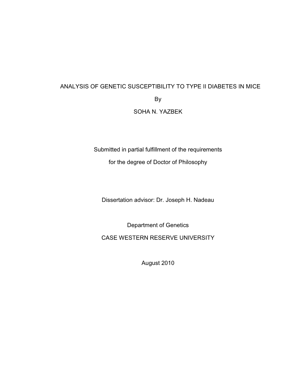 Analysis of Genetic Susceptibility to Type Ii Diabetes in Mice