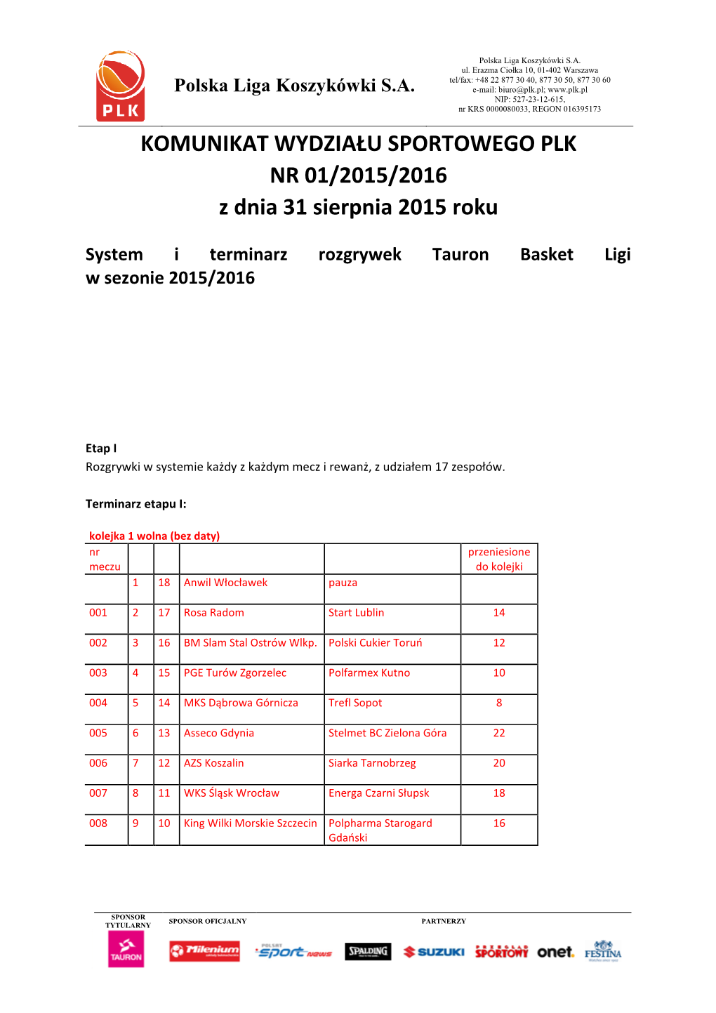 Komunikat 01 System I Terminarz 2015 2016