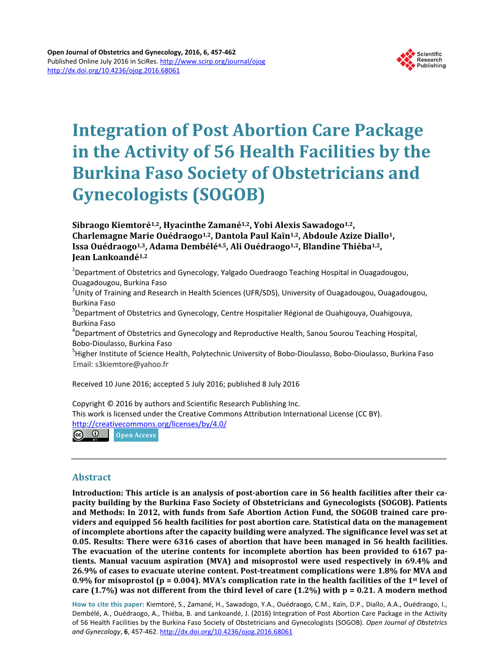 Integration of Post Abortion Care Package in the Activity of 56 Health Facilities by the Burkina Faso Society of Obstetricians and Gynecologists (SOGOB)