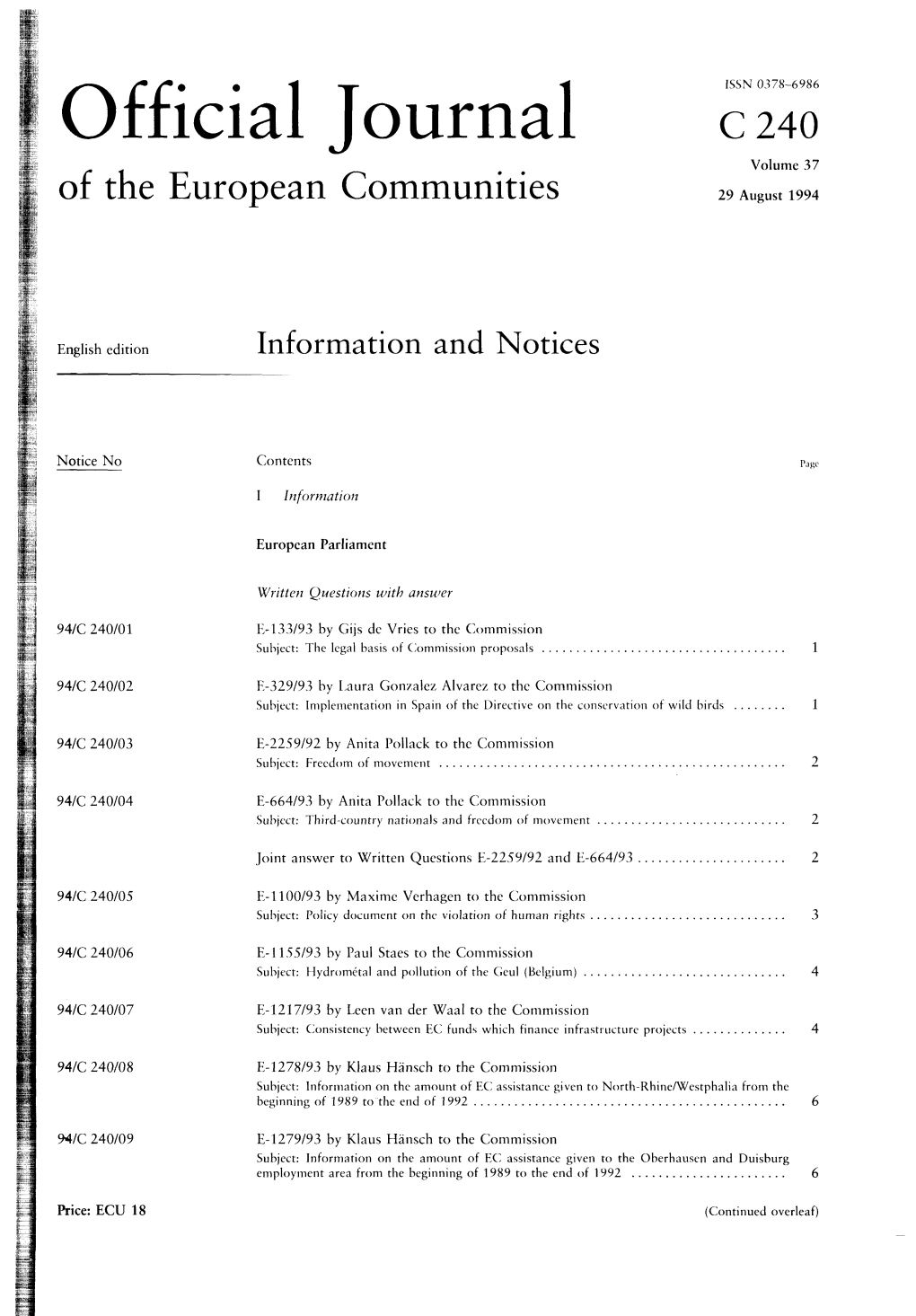 Official Journal C 240 Volume 37 of the European Communities 29 August 1994