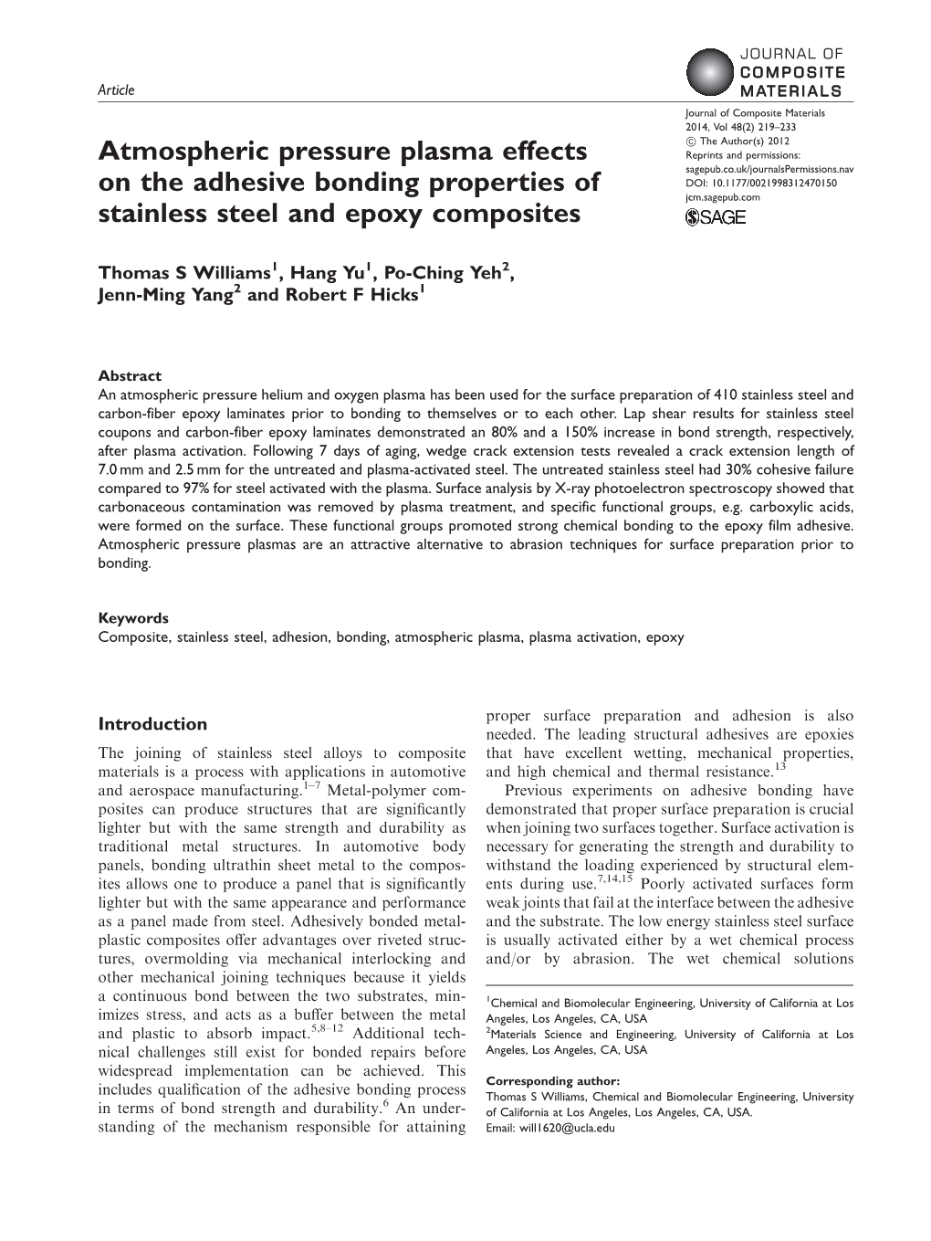 Atmospheric Pressure Plasma Effects on the Adhesive Bonding