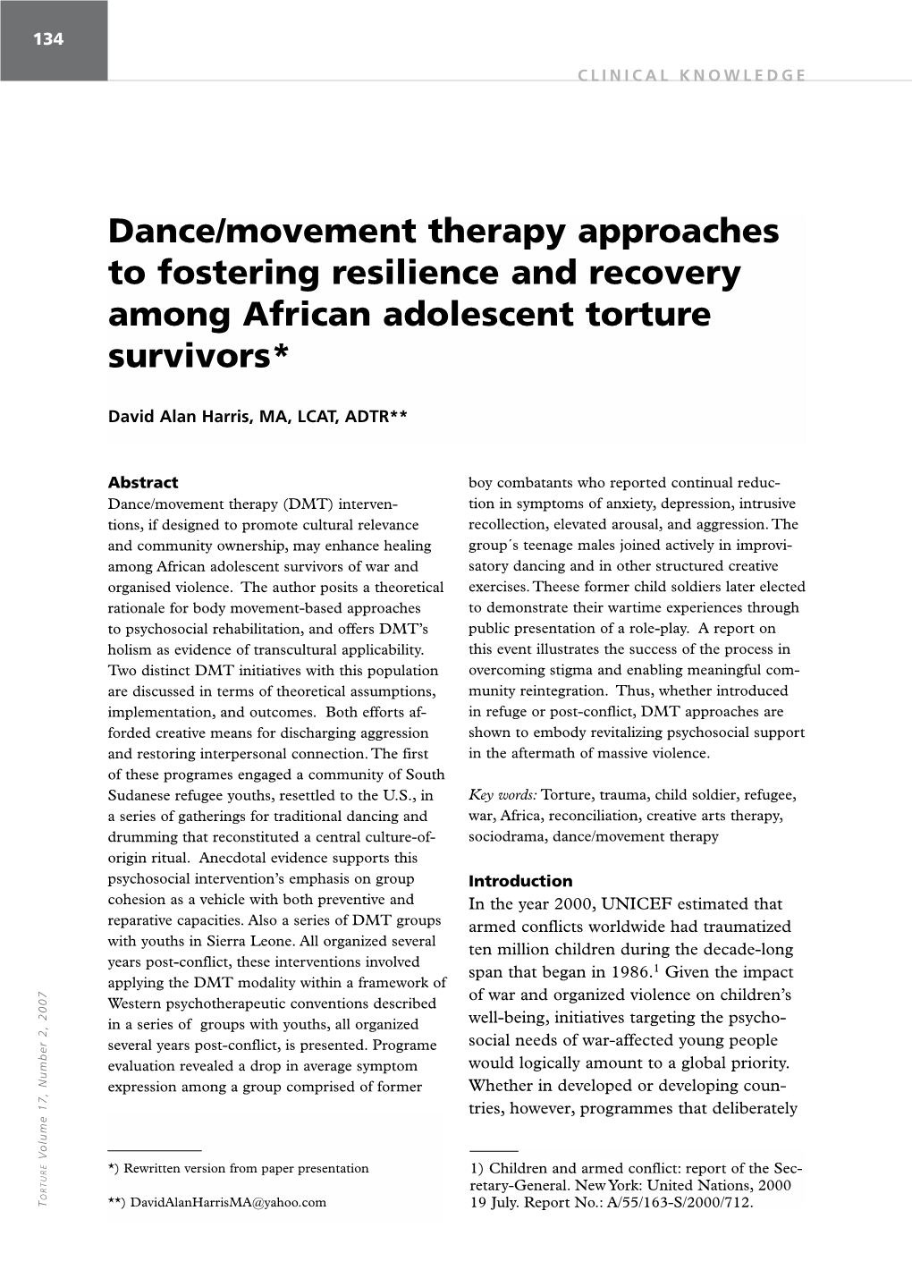 Dance/Movement Therapy Approaches to Fostering Resilience and Recovery Among African Adolescent Torture Survivors*