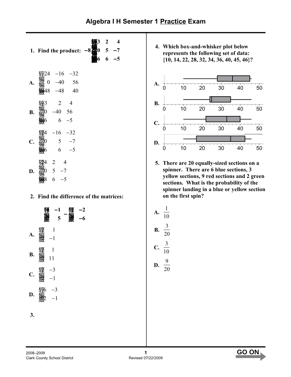 Algebra I H Semester 1 Practice Exam