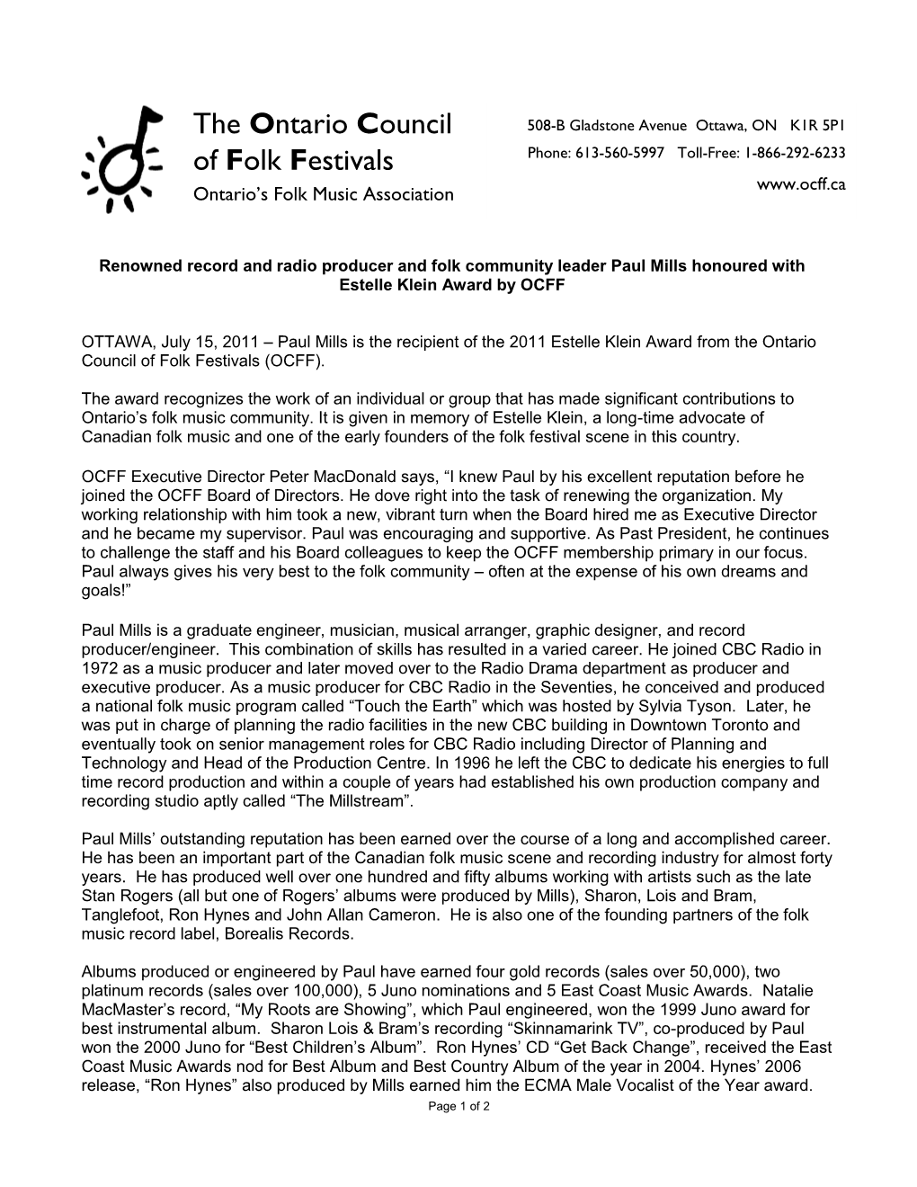 The Ontario Council of Folk Festivals (OCFF)