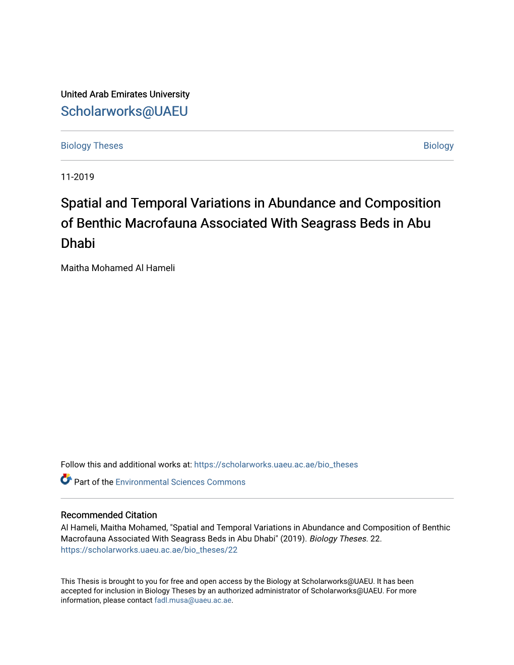 Spatial and Temporal Variations in Abundance and Composition of Benthic Macrofauna Associated with Seagrass Beds in Abu Dhabi