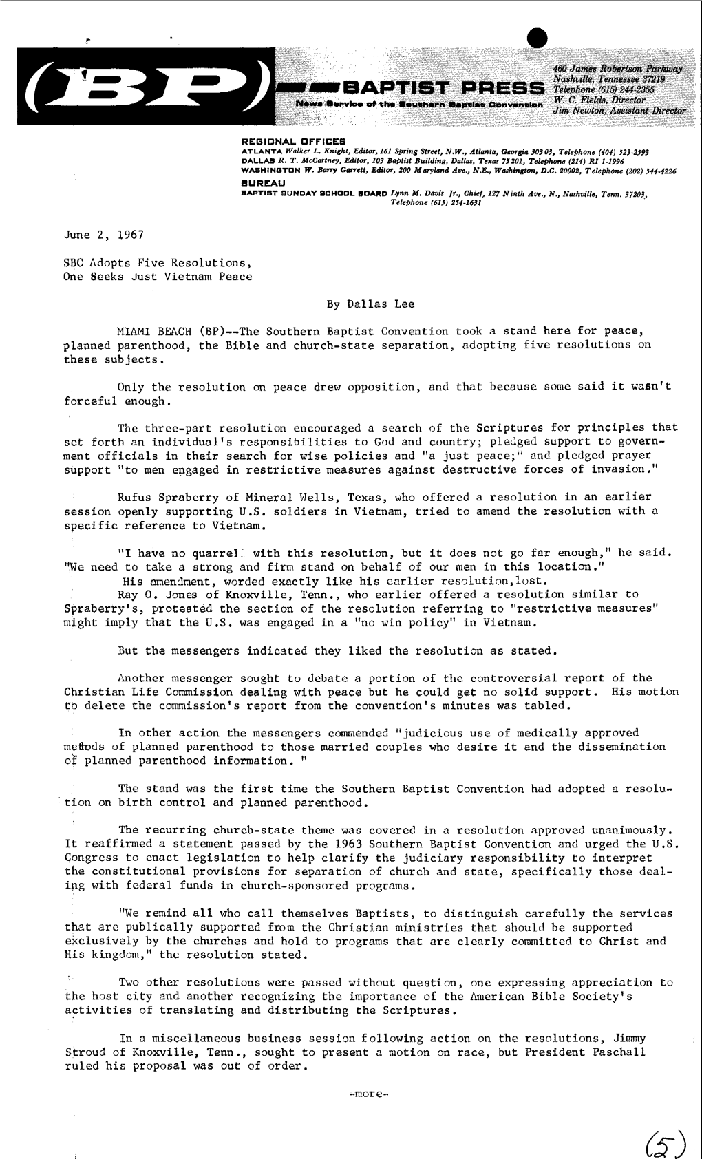 Southern Baptist Convention Took a Stand Here for Peace, Planned Parenthood, the Bible and Church-State Separation, Adopting Five Resolutions on These Subjects