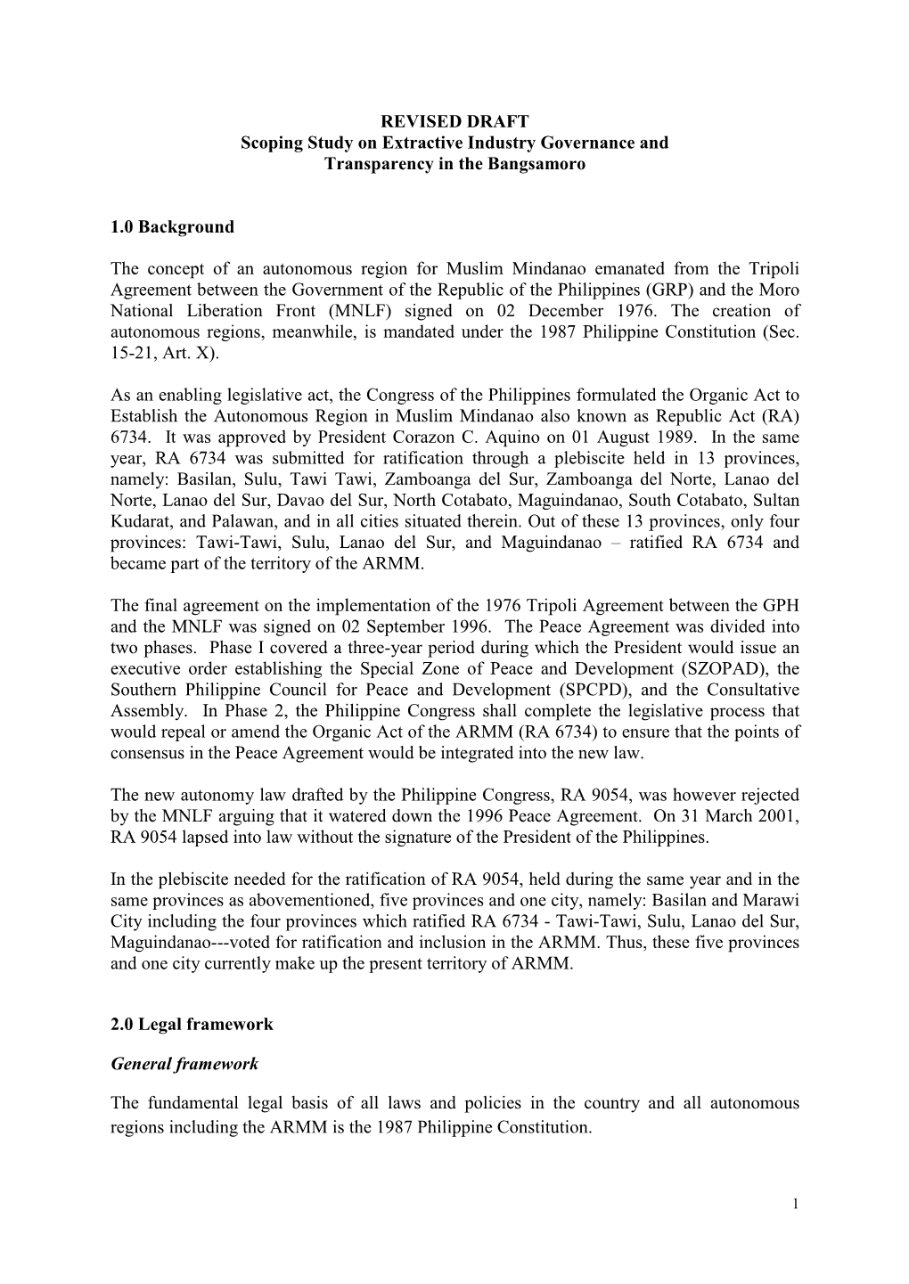 REVISED DRAFT Scoping Study on Extractive Industry Governance and Transparency in the Bangsamoro