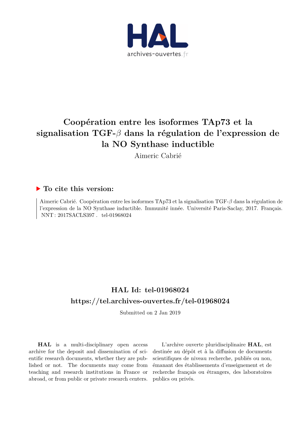 Coopération Entre Les Isoformes Tap73 Et La Signalisation TGF- Dans