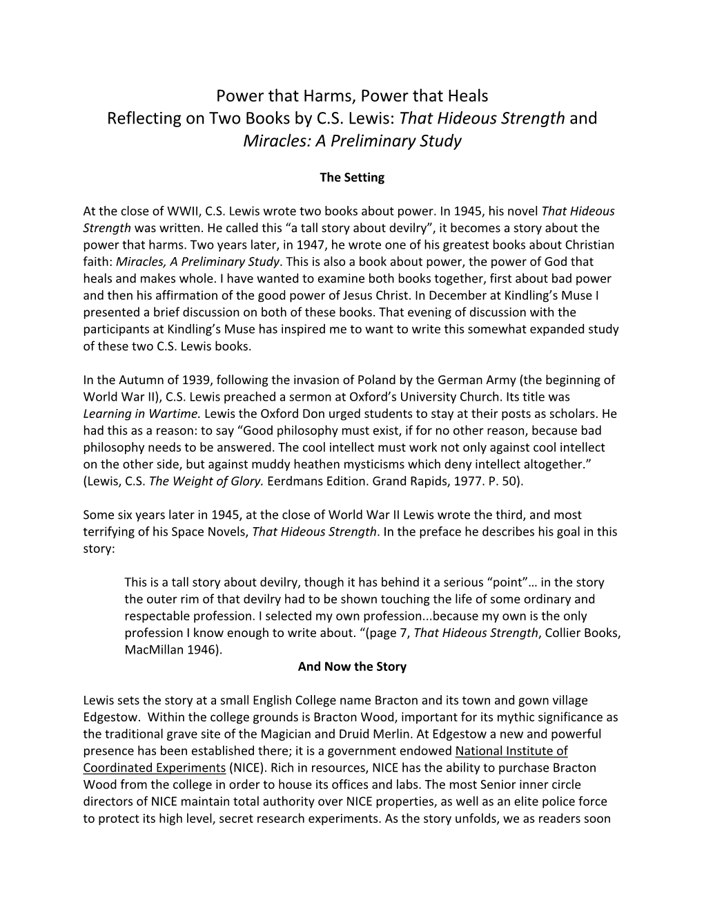 That Hideous Strength and Miracles: a Preliminary Study