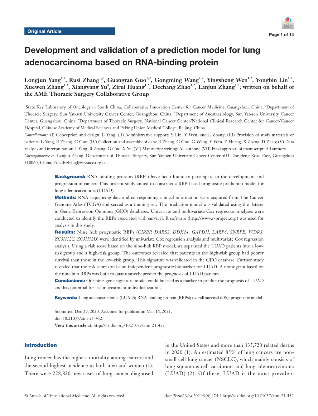 Development and Validation of a Prediction Model for Lung Adenocarcinoma Based on RNA-Binding Protein