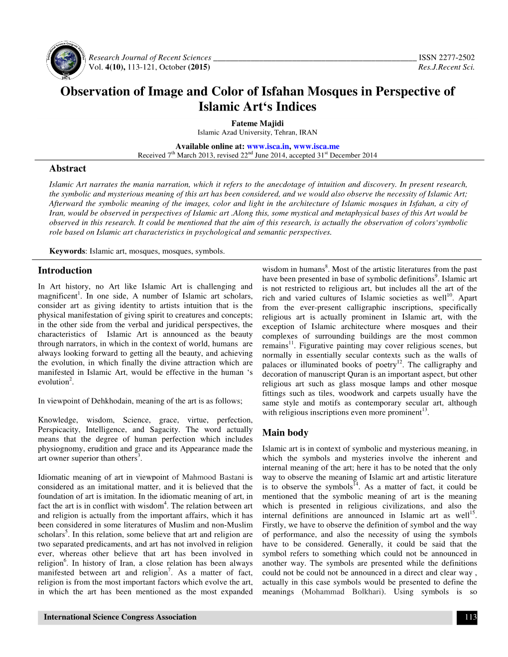 Observation of Image and Color of Isfahan Mosques in Perspective of Islamic Art‘S Indices