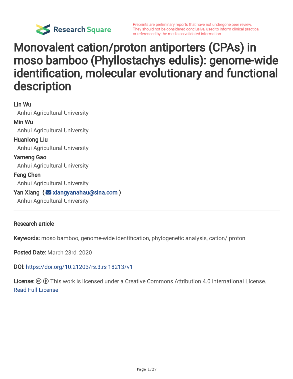 In Moso Bamboo (Phyllostachys Edulis): Genome-Wide Identifcation, Molecular Evolutionary and Functional Description