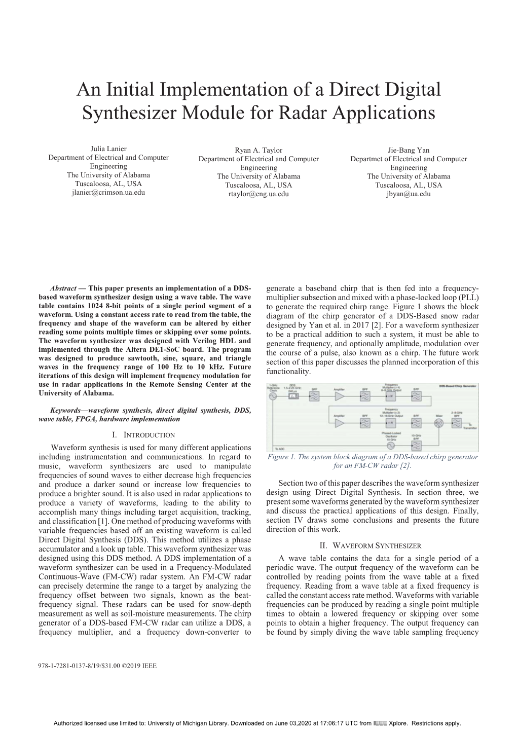 An Initial Implementation of a Direct Digital Synthesizer Module for Radar Applications