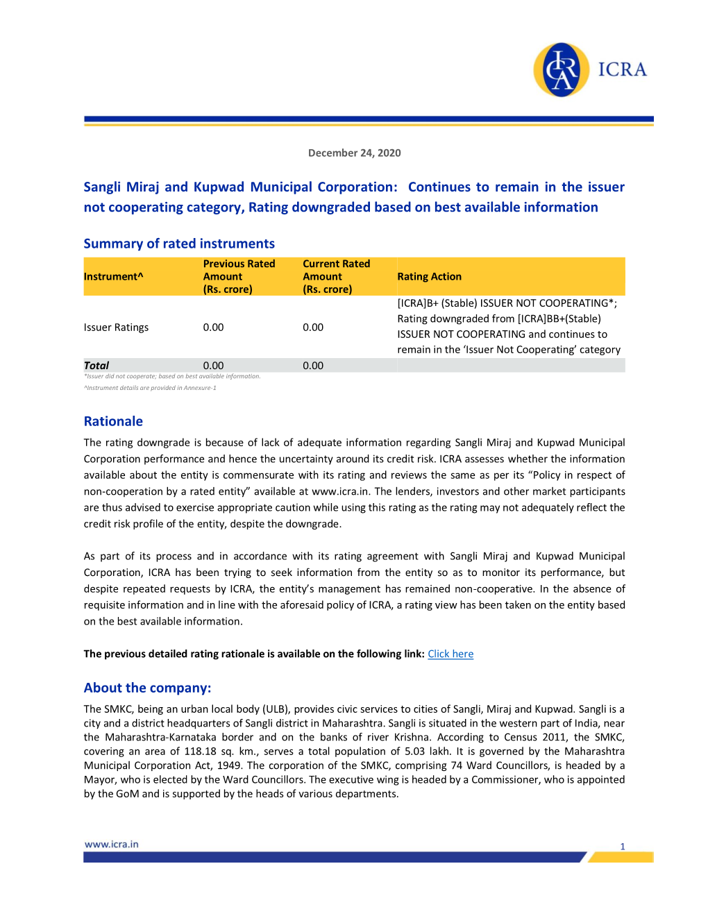 Sangli Miraj and Kupwad Municipal Corporation: Continues to Remain in the Issuer Not Cooperating Category, Rating Downgraded Based on Best Available Information