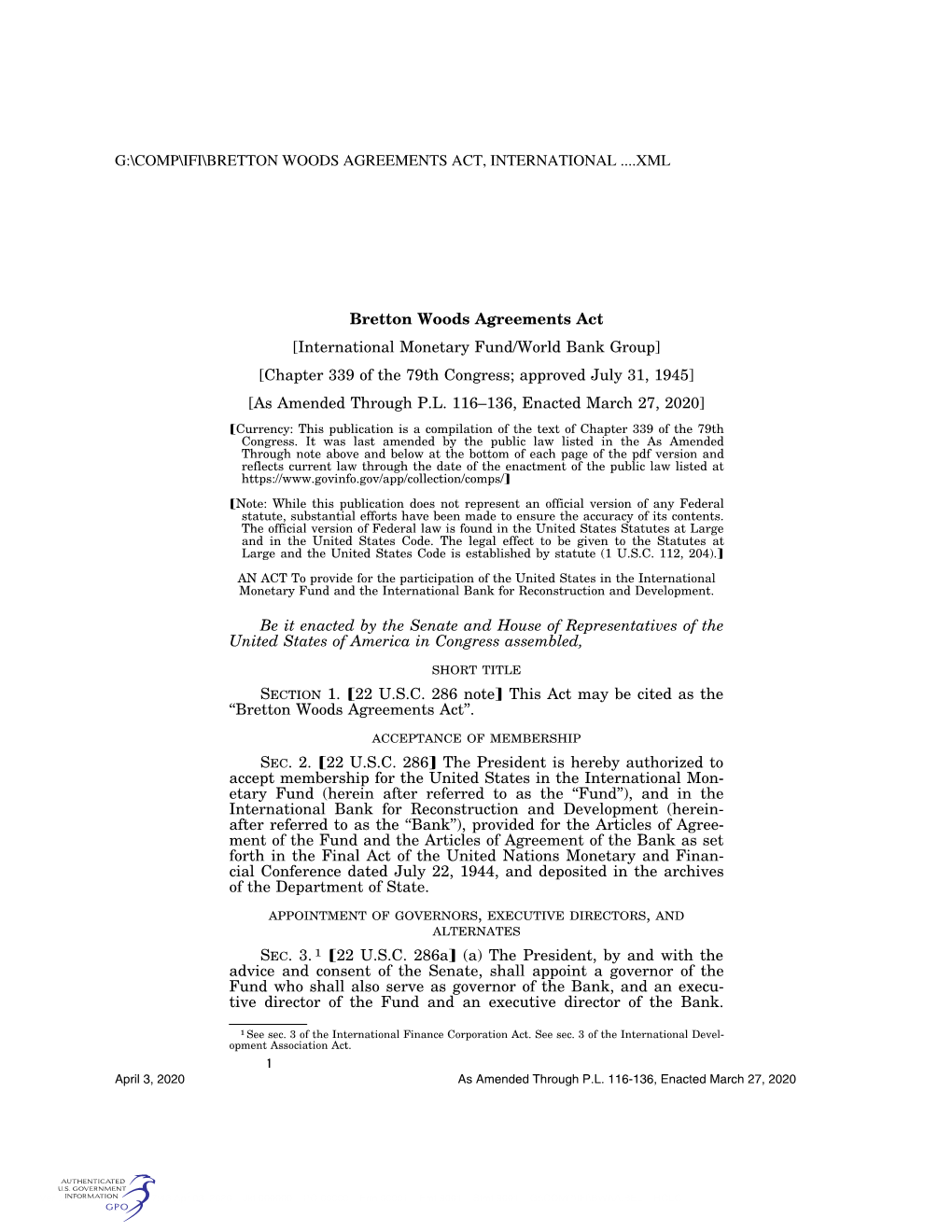 Bretton Woods Agreements Act, International ....Xml