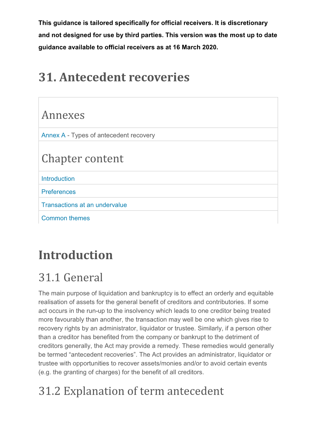 31. Antecedent Recoveries Introduction