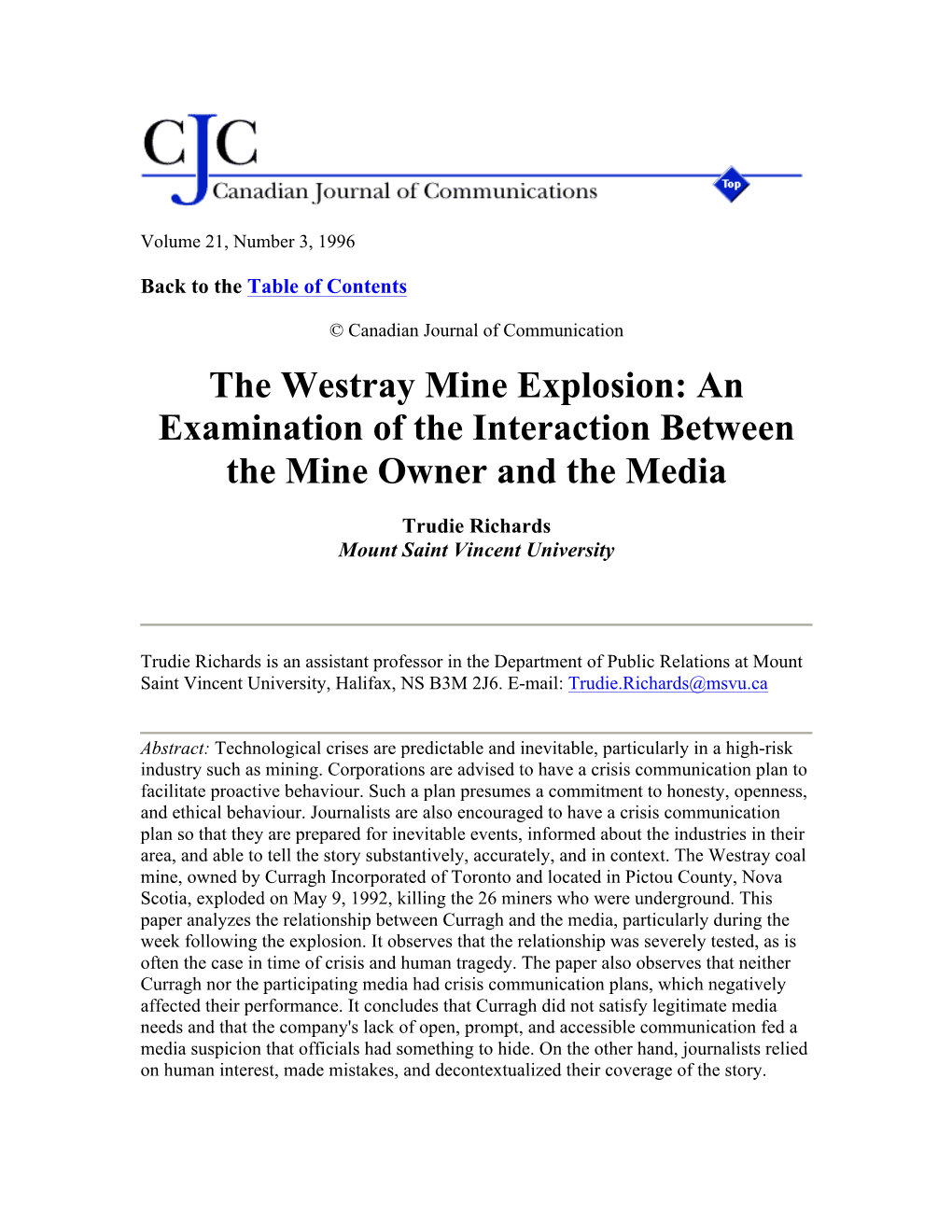 The Westray Mine Explosion: an Examination of the Interaction Between the Mine Owner and the Media