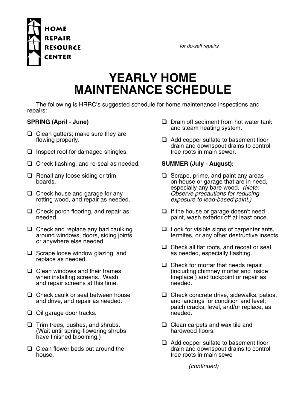 Yearly Home Maintenance Schedule