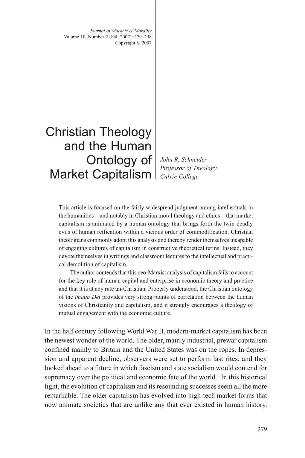 Christian Theology and the Human Ontology of Market Capitalism Sophisticated Theory to Help Guide Them Through the Complexities of Modern Economic Life