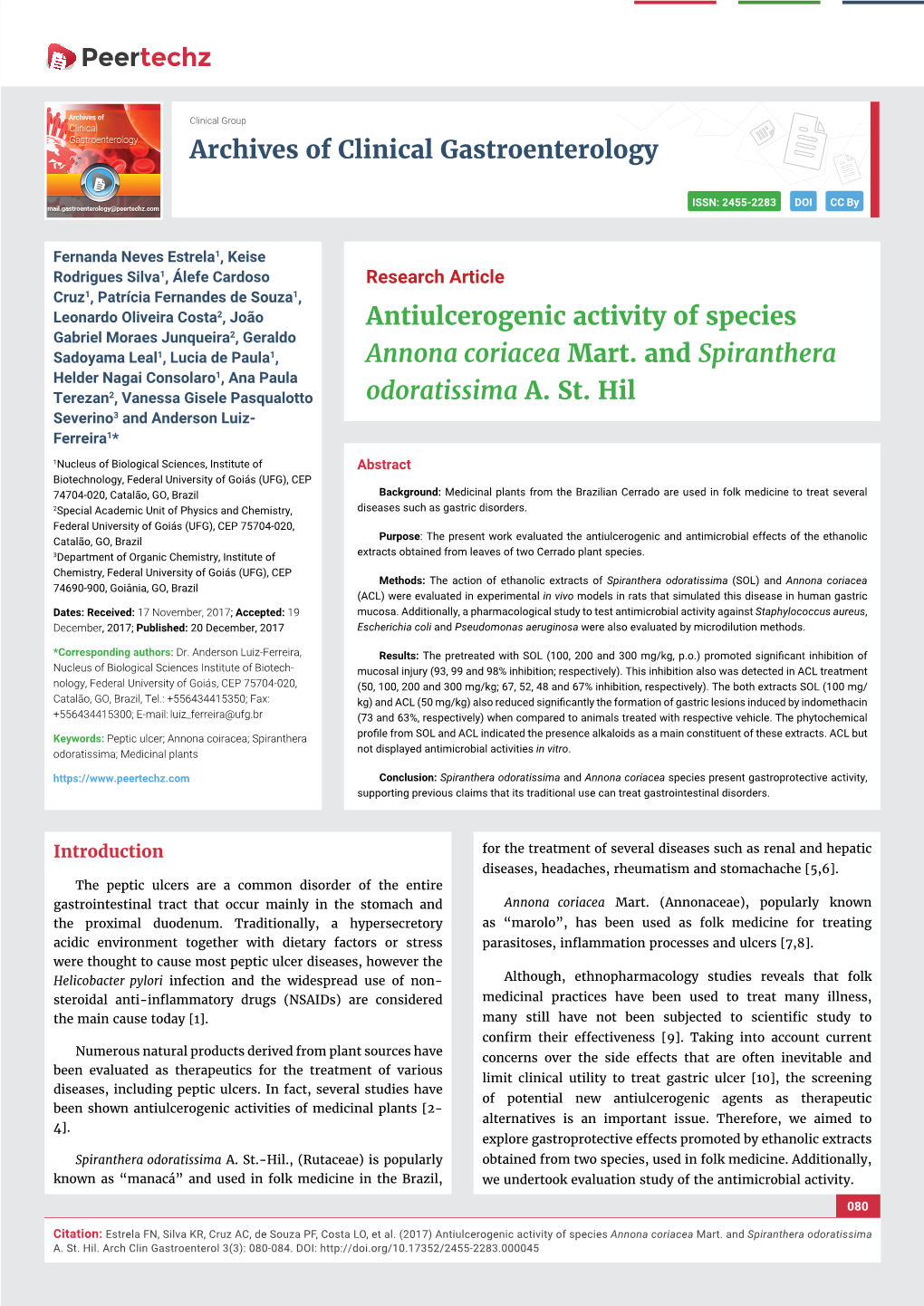 Antiulcerogenic Activity of Species Annona Coriacea Mart. and Spiranthera Odoratissima A