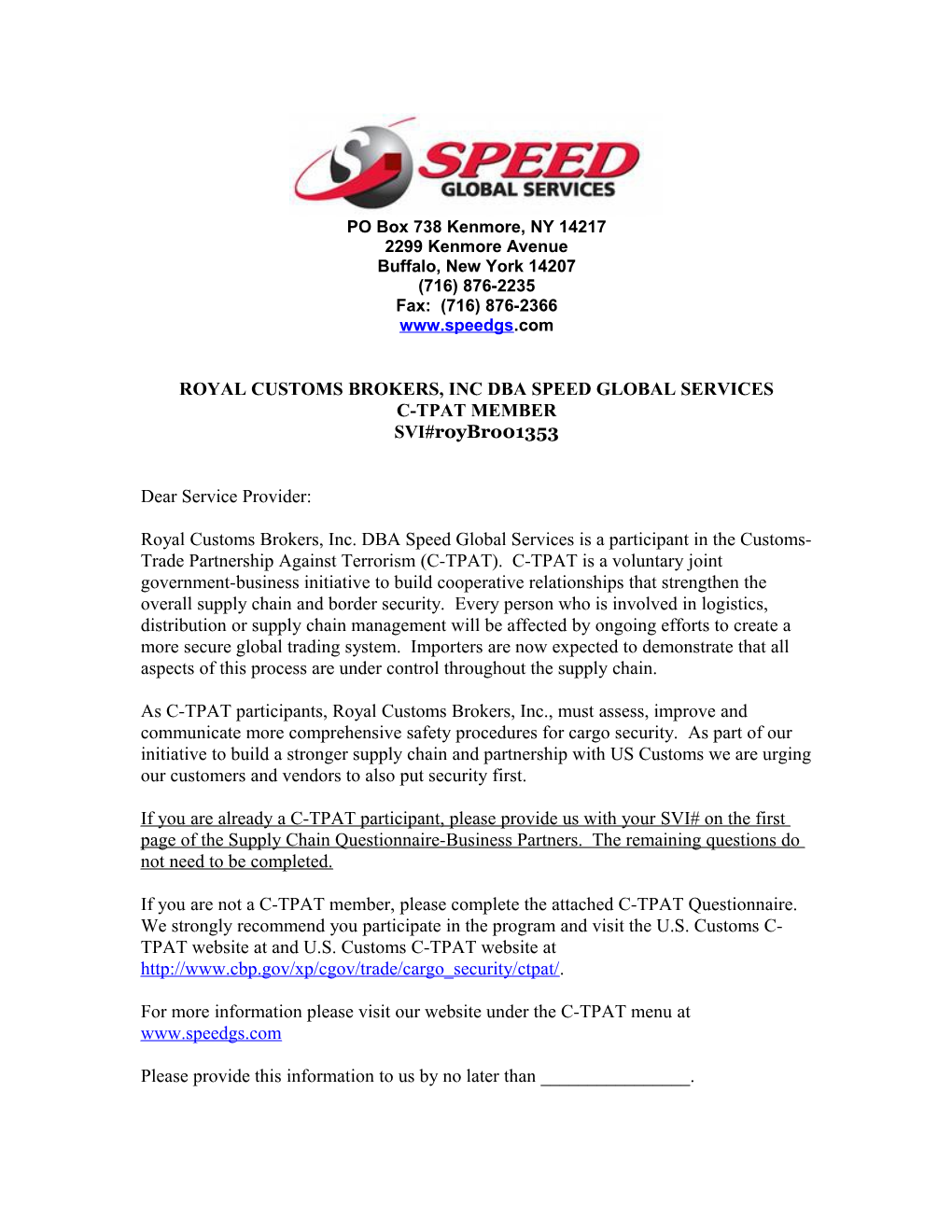 Royal Customs Brokers, Inc Dba Speed Global Services