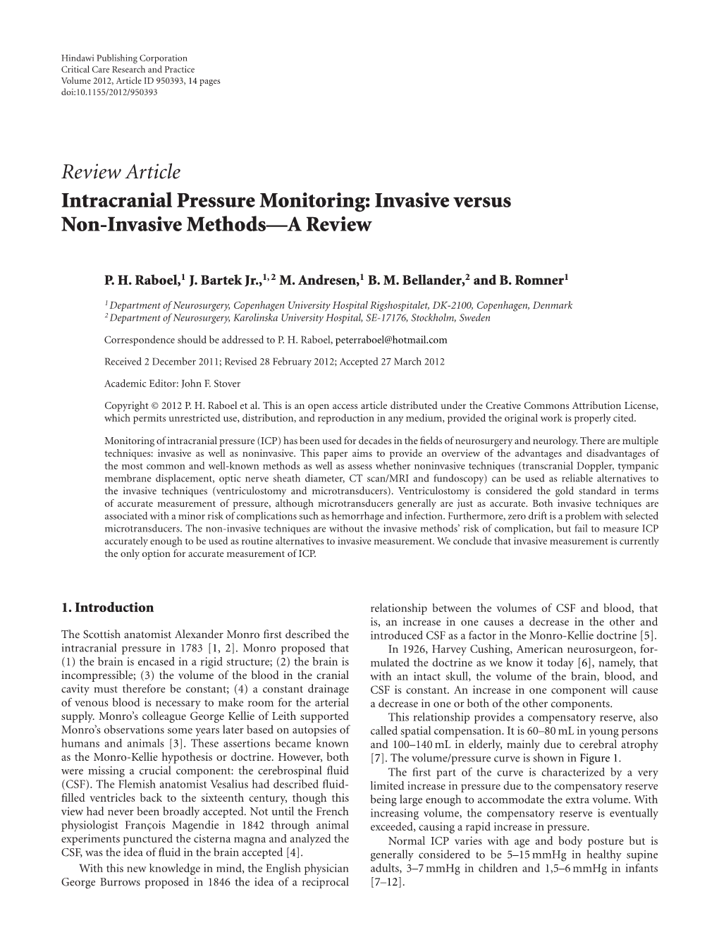 Review Article Intracranial Pressure Monitoring: Invasive Versus Non-Invasive Methods—A Review