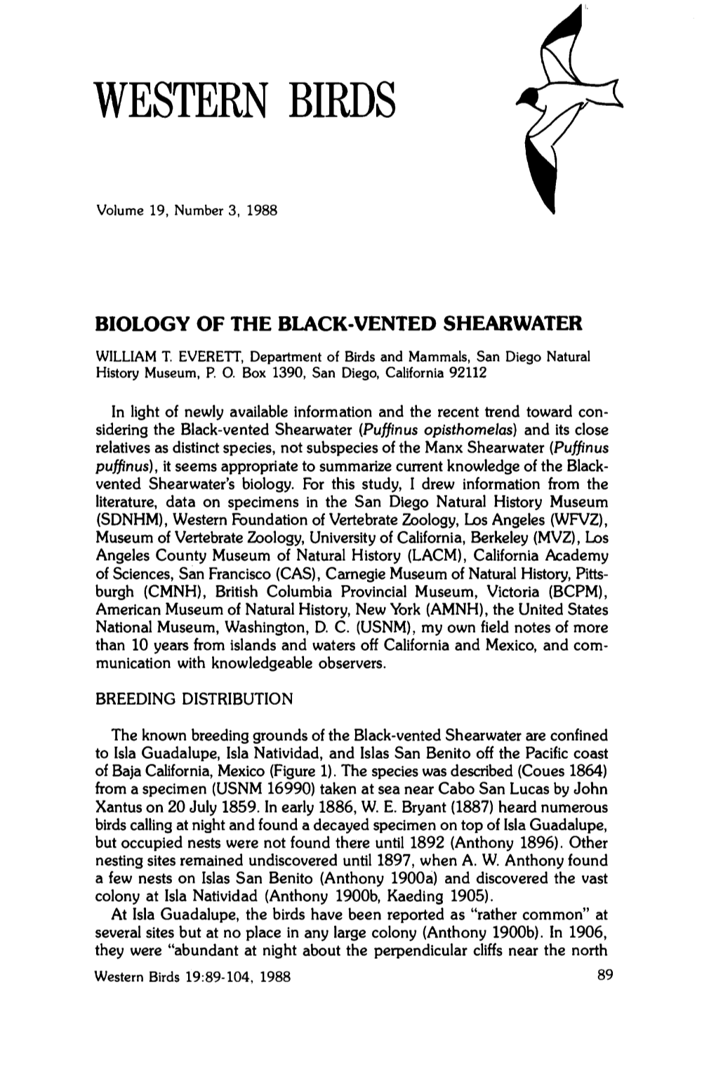 Biology of the Black-Vented Shearwater