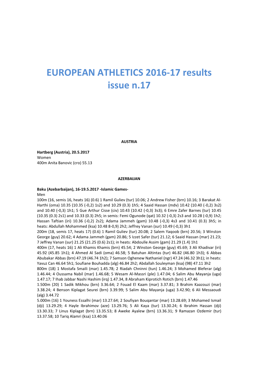 EUROPEAN ATHLETICS 2016-17 Results Issue N.17