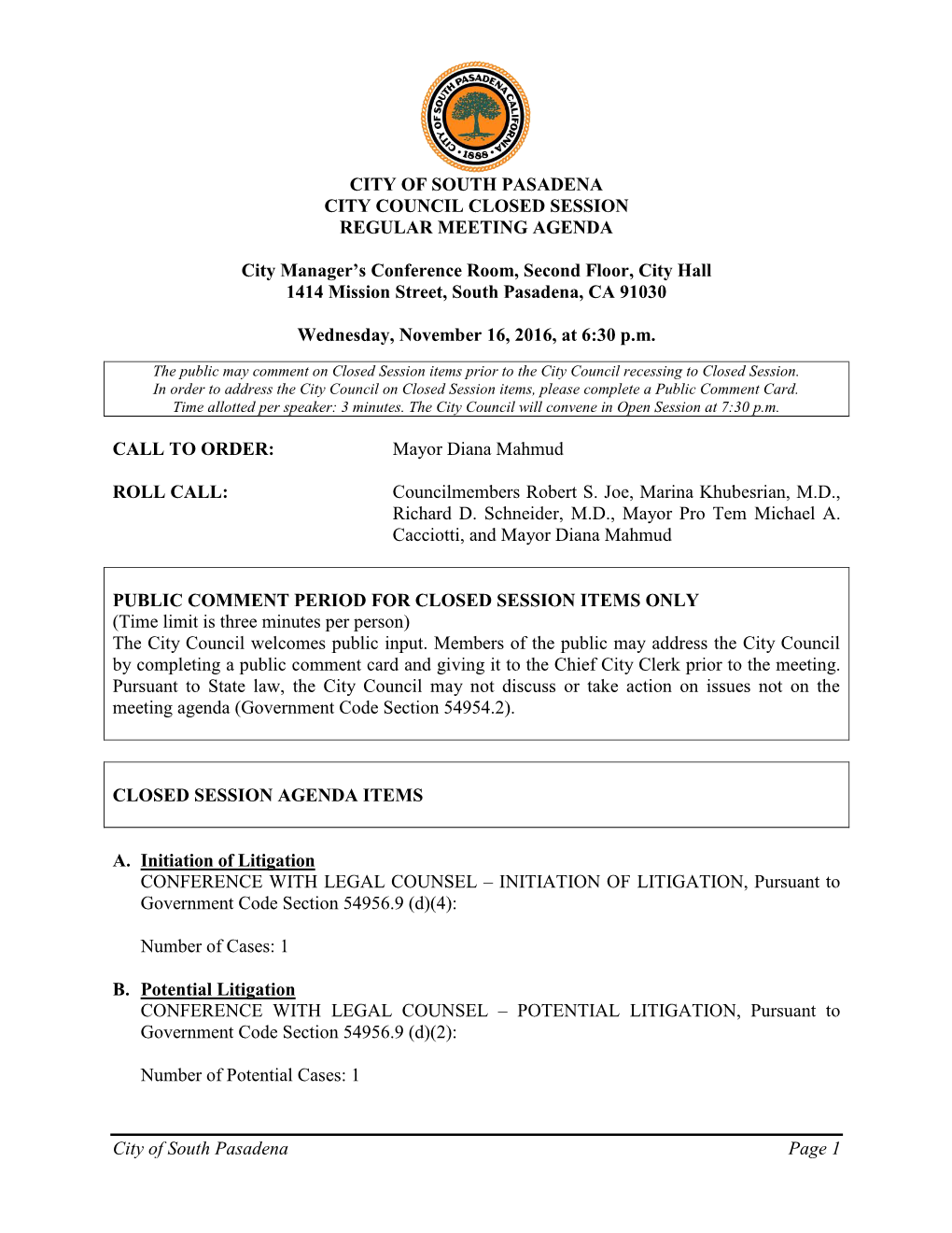 City of South Pasadena Page 1 CITY of SOUTH PASADENA CITY