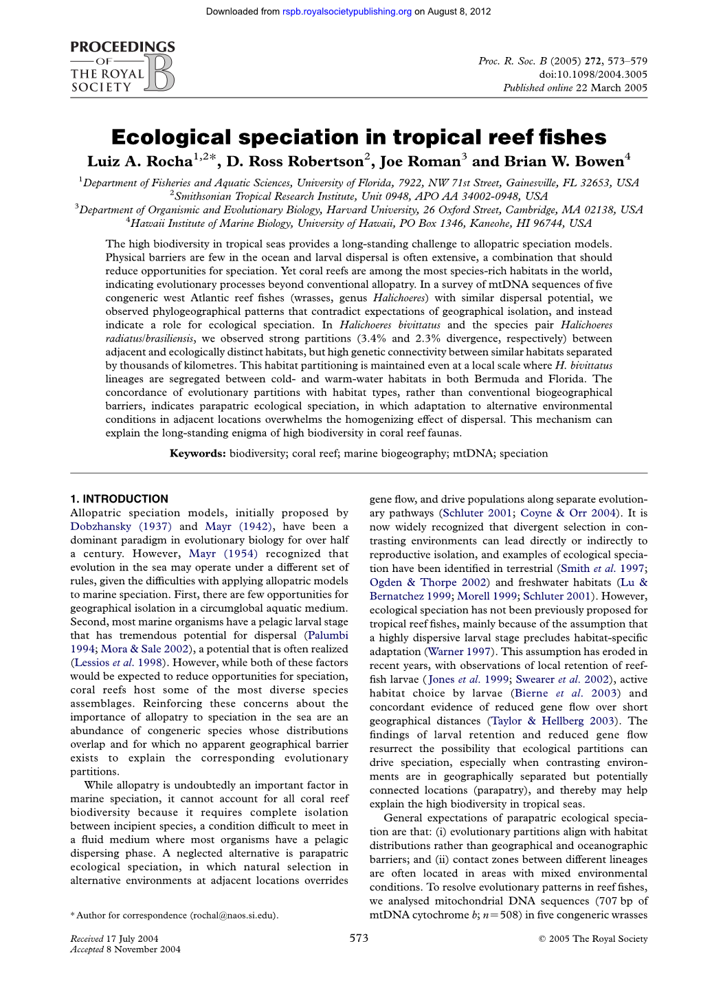 Ecological Speciation in Tropical Reef Fishes