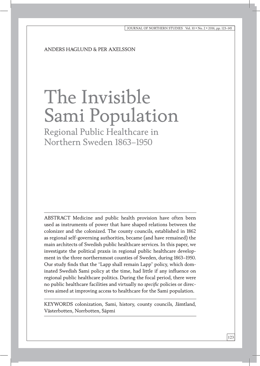 The Invisible Sami Population Regional Public Healthcare in Northern Sweden 1863–1950