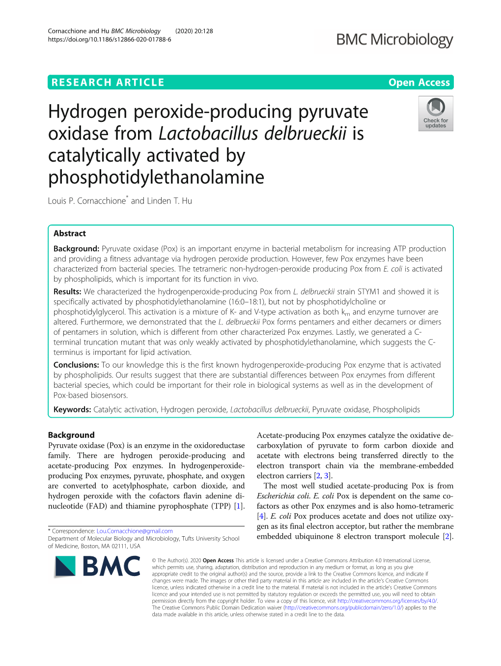 Hydrogen Peroxide-Producing Pyruvate Oxidase from Lactobacillus Delbrueckii Is Catalytically Activated by Phosphotidylethanolamine Louis P