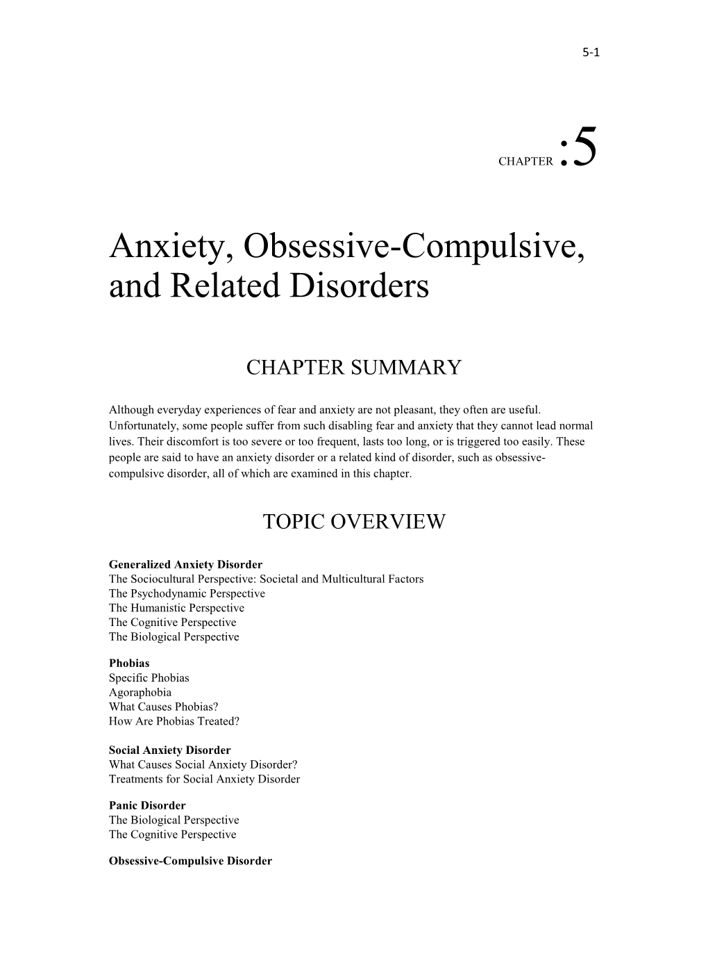 Anxiety, Obsessive-Compulsive, and Related Disorders