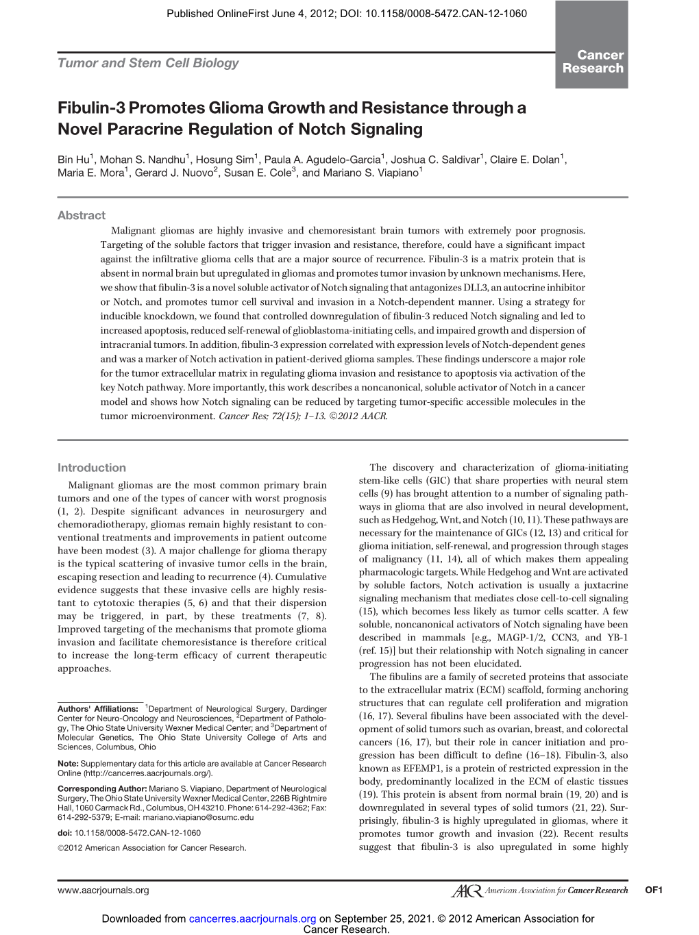 Fibulin-3 Promotes Glioma Growth and Resistance Through a Novel Paracrine Regulation of Notch Signaling